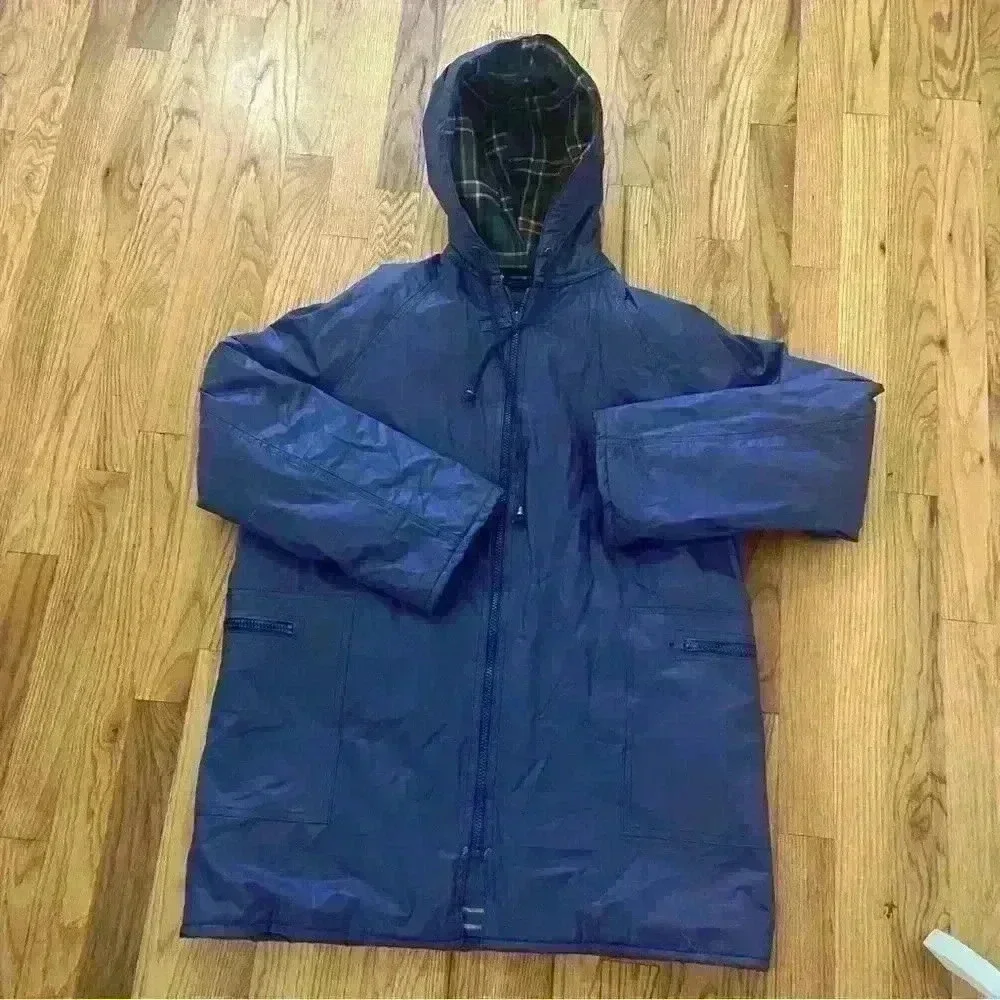 Totes Women's PVC Navy Blue Coat Jacket With Hood Full Zip Size S Raingear